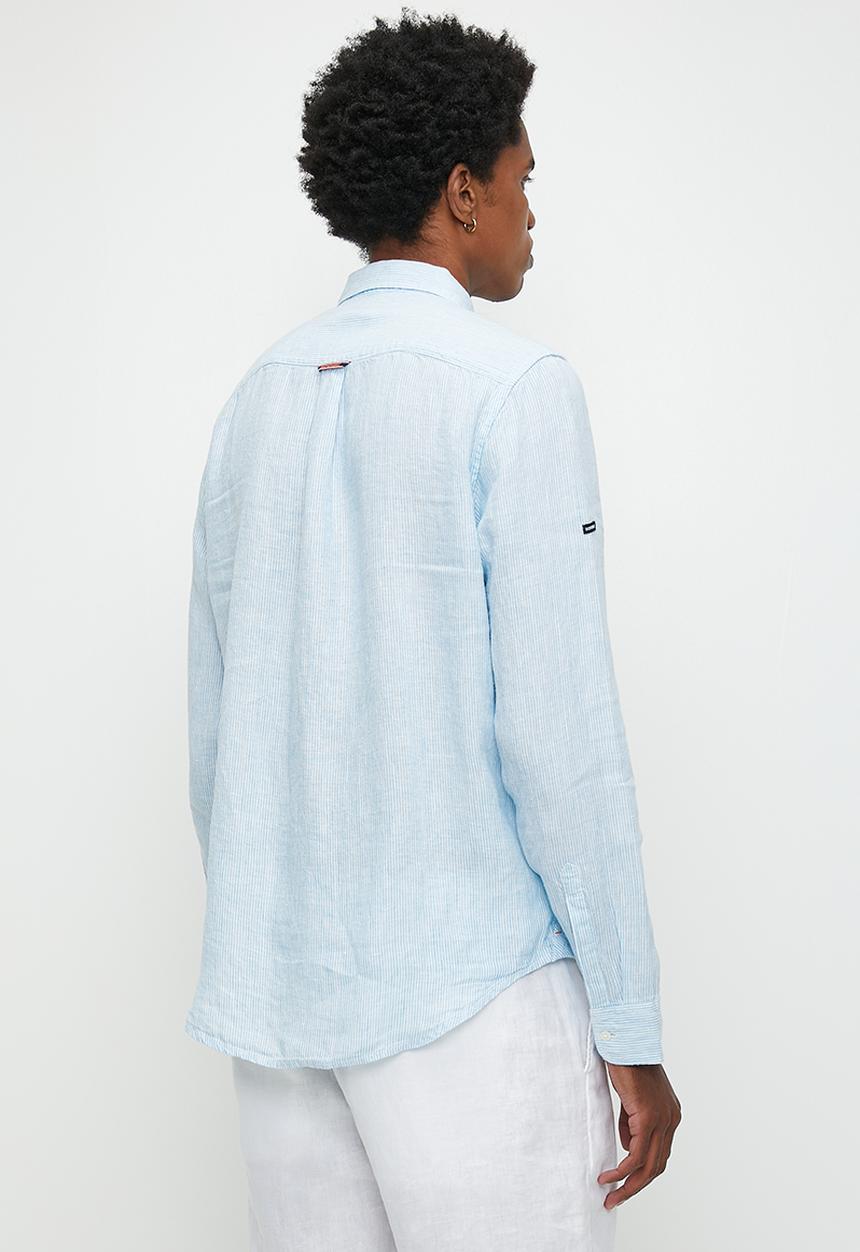 Superdry. - Casual Linen Long Sleeve Shirt - Seafoam Blue Stripe