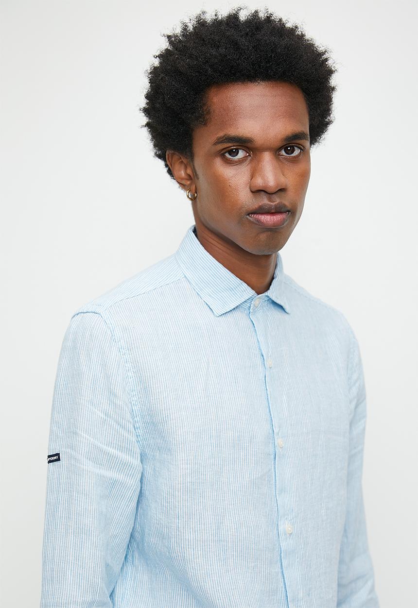 Superdry. - Casual Linen Long Sleeve Shirt - Seafoam Blue Stripe