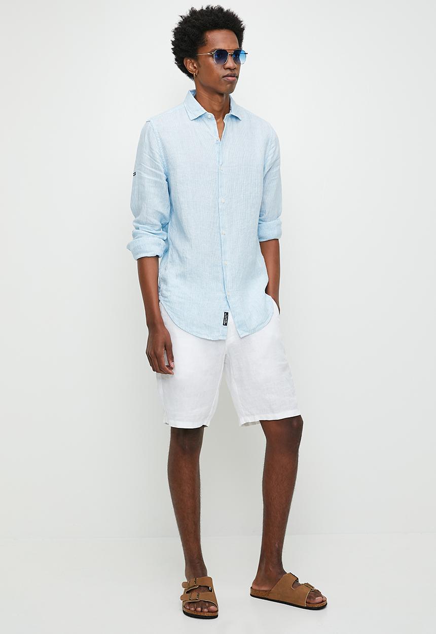 Superdry. - Casual Linen Long Sleeve Shirt - Seafoam Blue Stripe