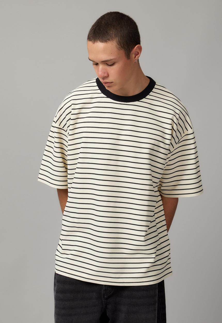 Factorie - Box Fit Textured T Shirt - White Stripe