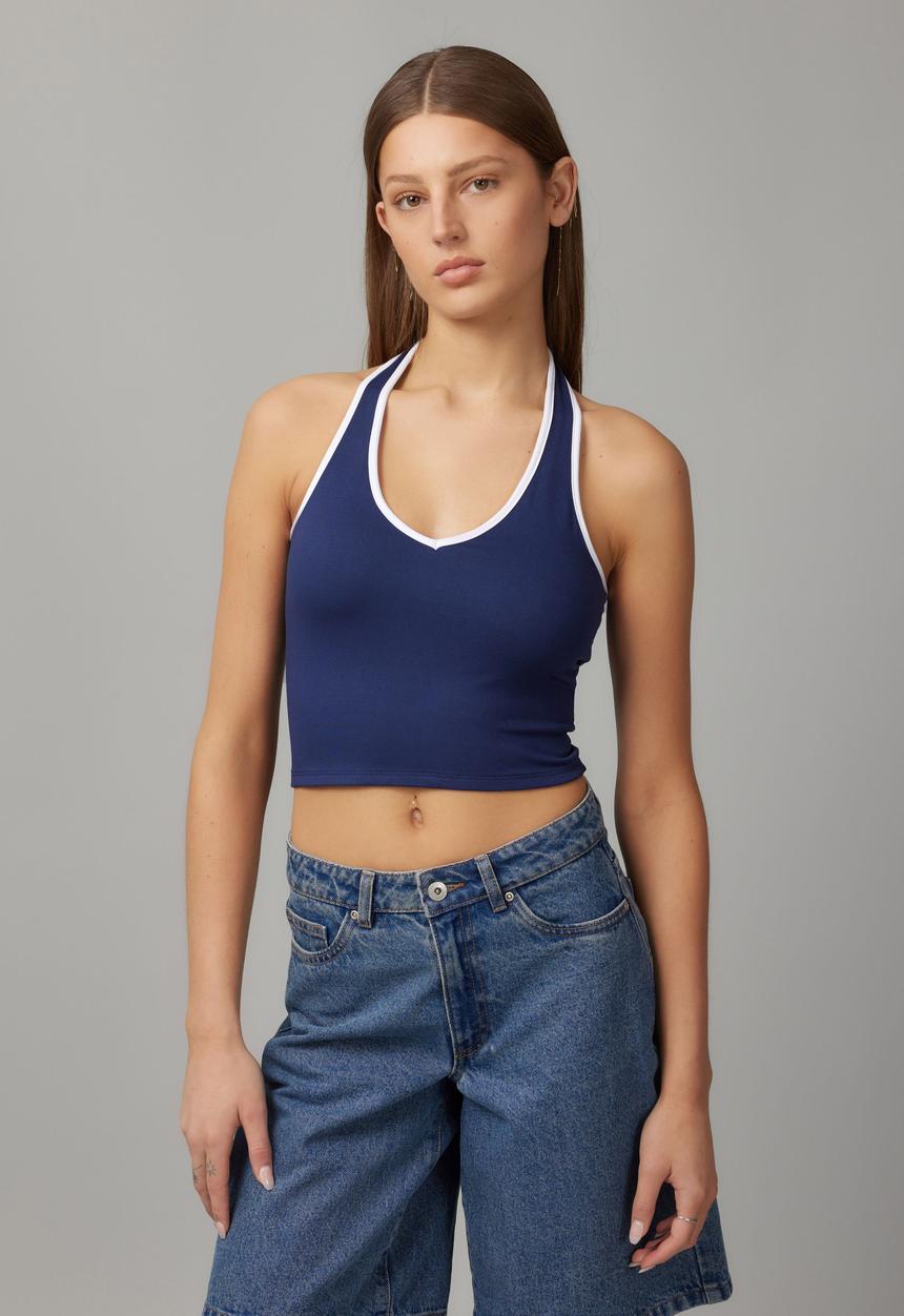 Factorie - Holly Halter Top - Navy & White