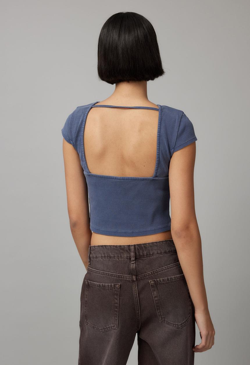 Factorie - Hazel Open Back Tee - Washed Worn Blue