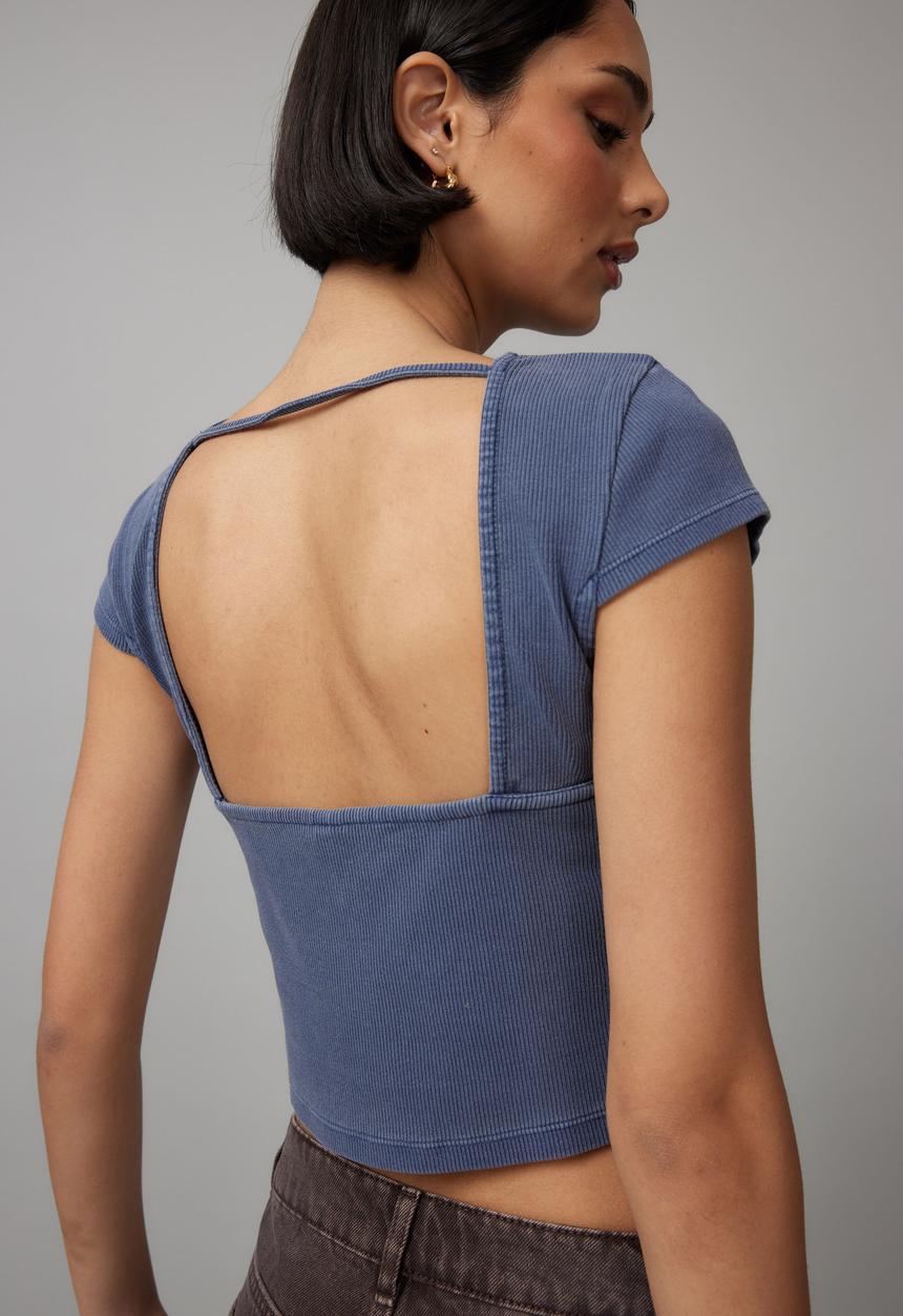 Factorie - Hazel Open Back Tee - Washed Worn Blue