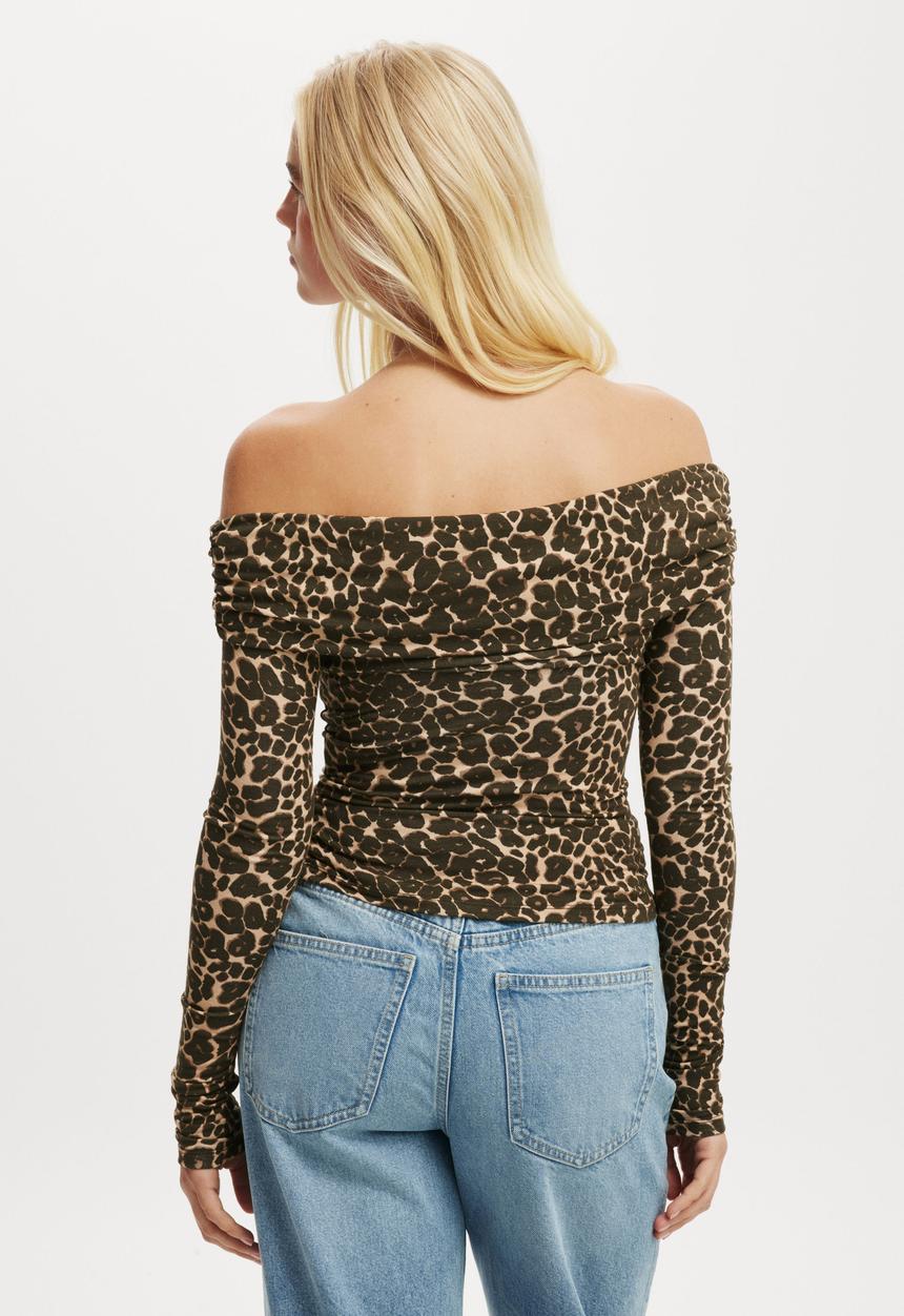 Cotton On - Rhi Gathered Off The Shoulder Long Sleeve - Kate Leopard