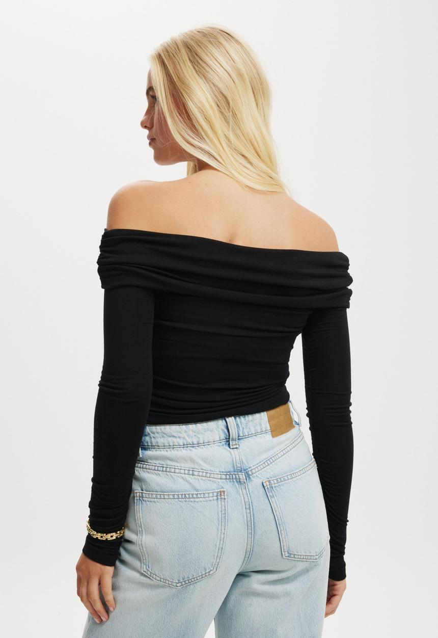 Cotton On - Rhi Gathered Off The Shoulder Long Sleeve - Black