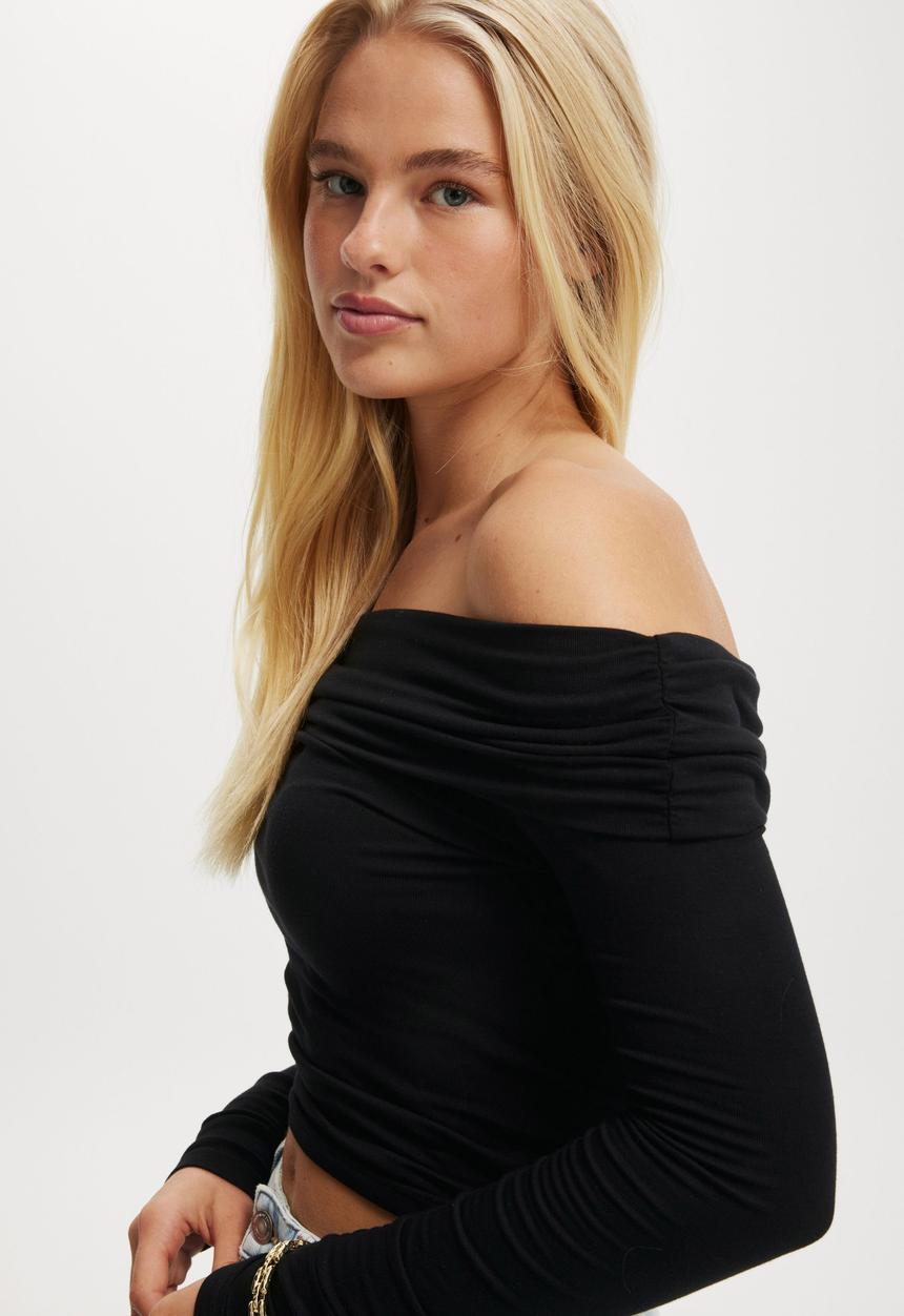 Cotton On - Rhi Gathered Off The Shoulder Long Sleeve - Black