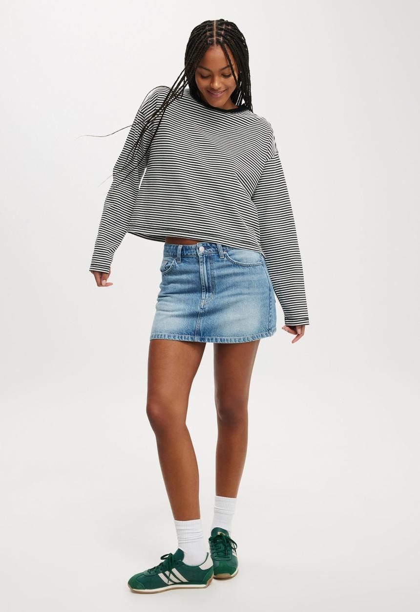 Cotton On - Boxy Crew Sweatshirt - Mini Stripe Black & White