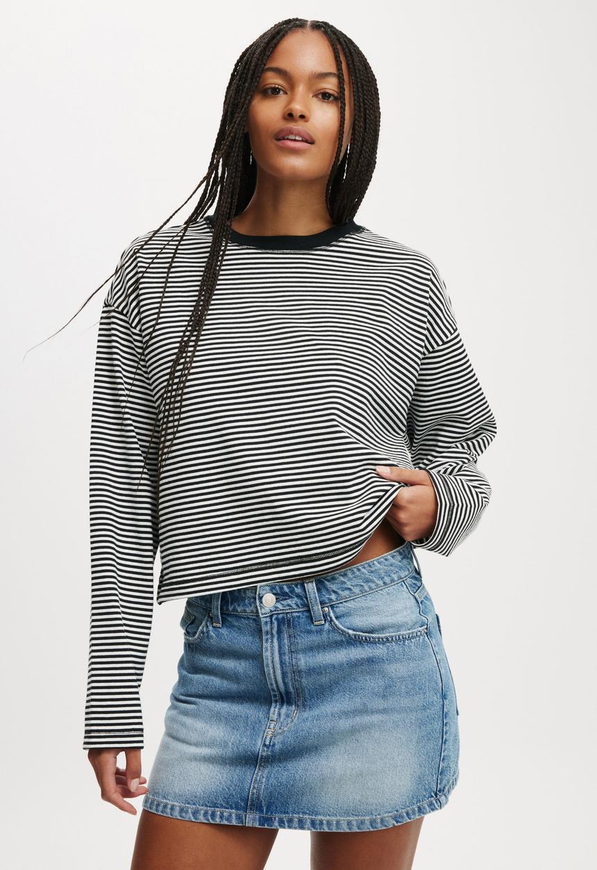 Cotton On - Boxy Crew Sweatshirt - Mini Stripe Black & White
