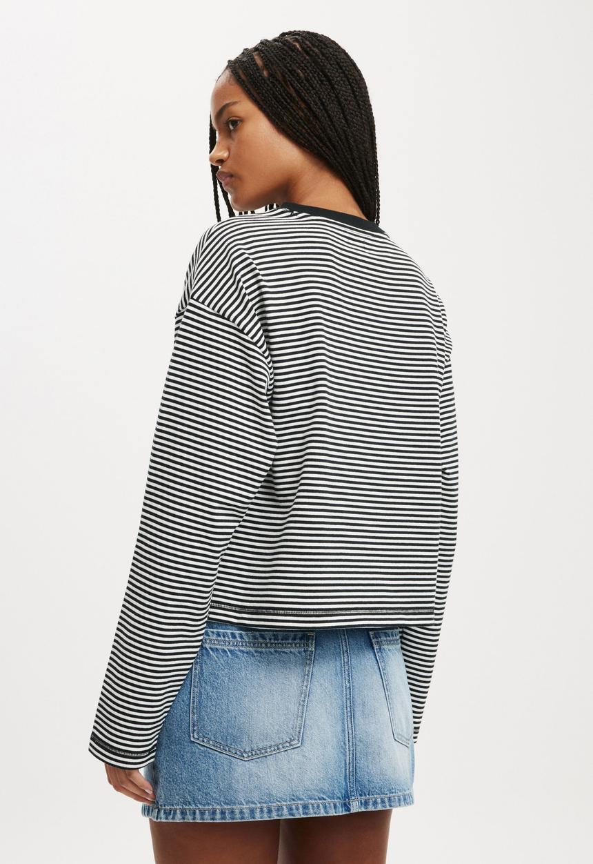 Cotton On - Boxy Crew Sweatshirt - Mini Stripe Black & White