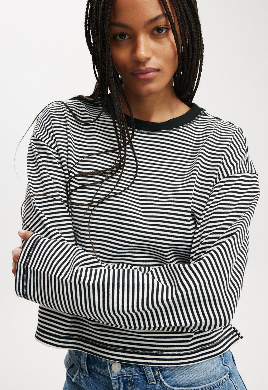 Cotton On - Boxy Crew Sweatshirt - Mini Stripe Black & White