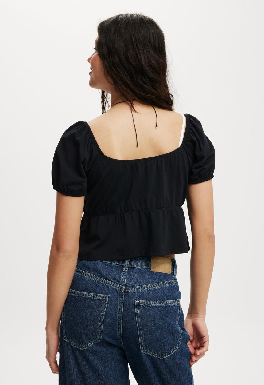 Cotton On - Mila Tie Front Short Sleeve Top - Black