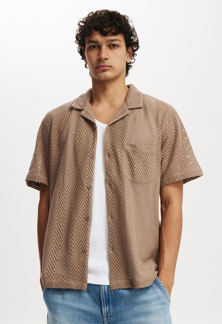 Cotton On - Palma Short Sleeve Shirt - Taupe Chevron