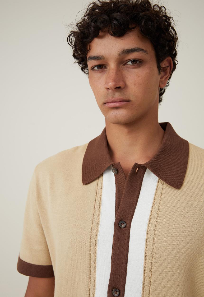 Cotton On - Pablo Short Sleeve Shirt - Tan Cable Border