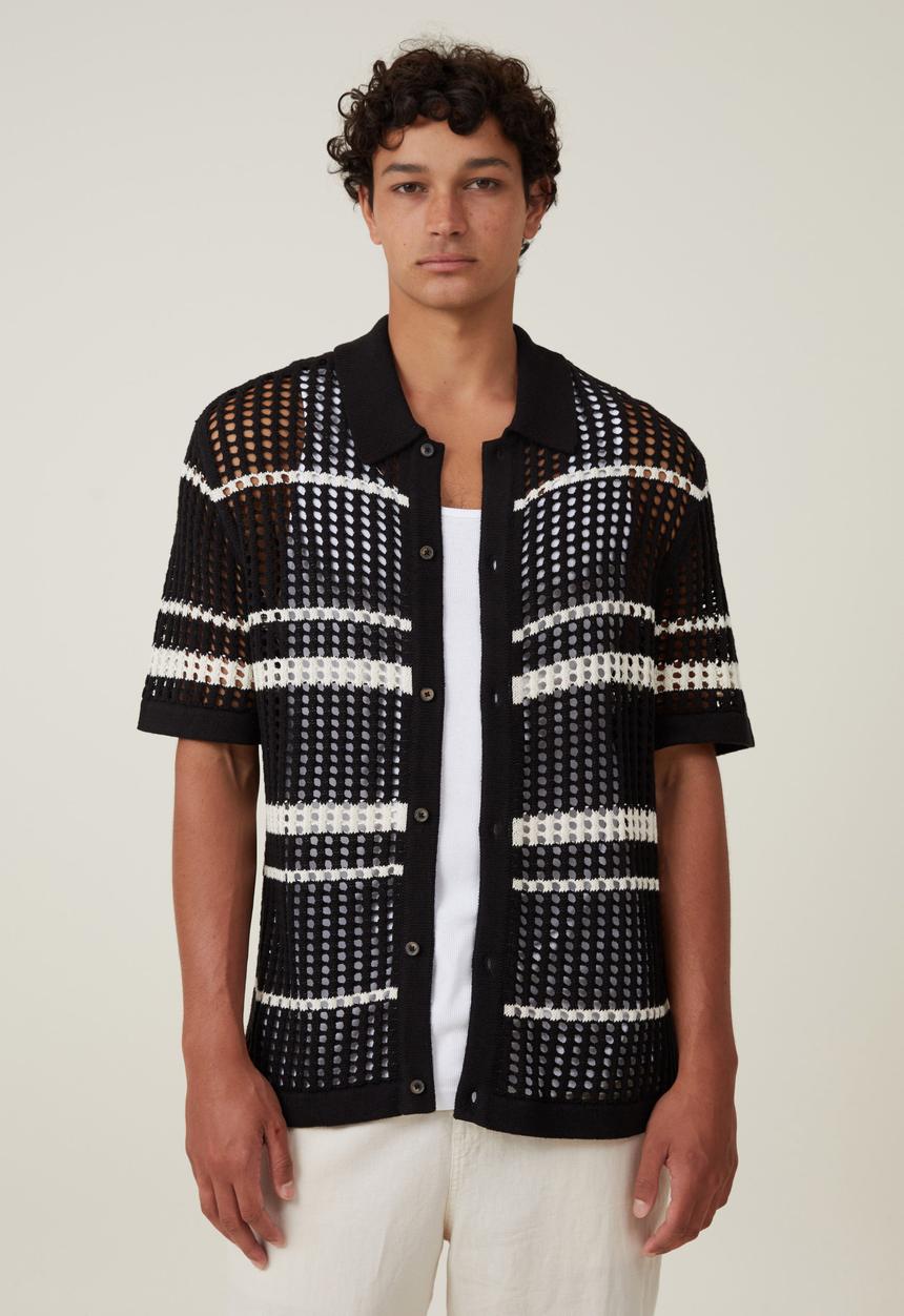 Cotton On - Pablo Short Sleeve Shirt- Black Retro Stripe