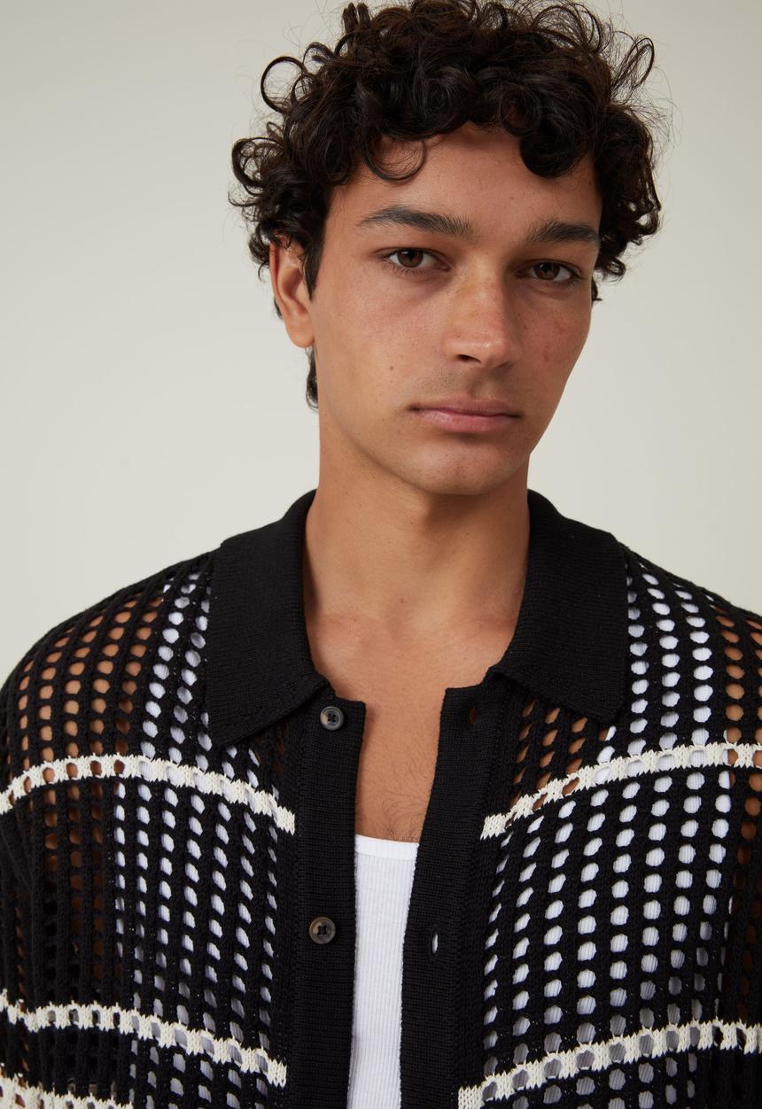 Cotton On - Pablo Short Sleeve Shirt- Black Retro Stripe