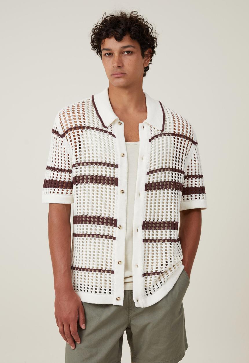 Cotton On - Pablo Short Sleeve Shirt- Vanilla Retro Stripe
