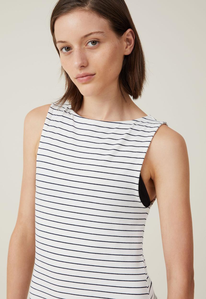 Cotton On - Bella Boat Neck Mini Dress - Classic Stripe Gardenia
