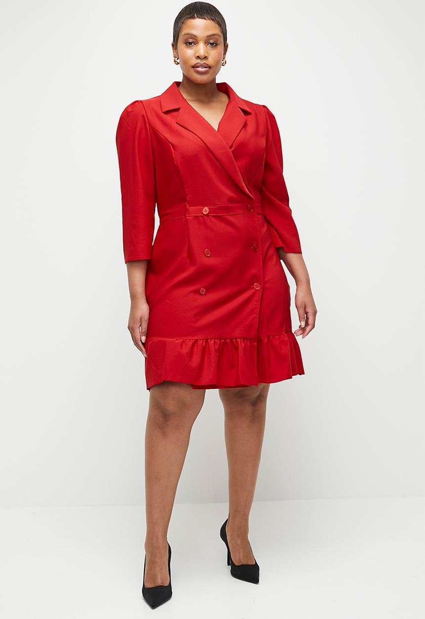 Trendyol - Plus Size Unlined Three Quarter Sleeve Mini Woven Jacket Dress - Red