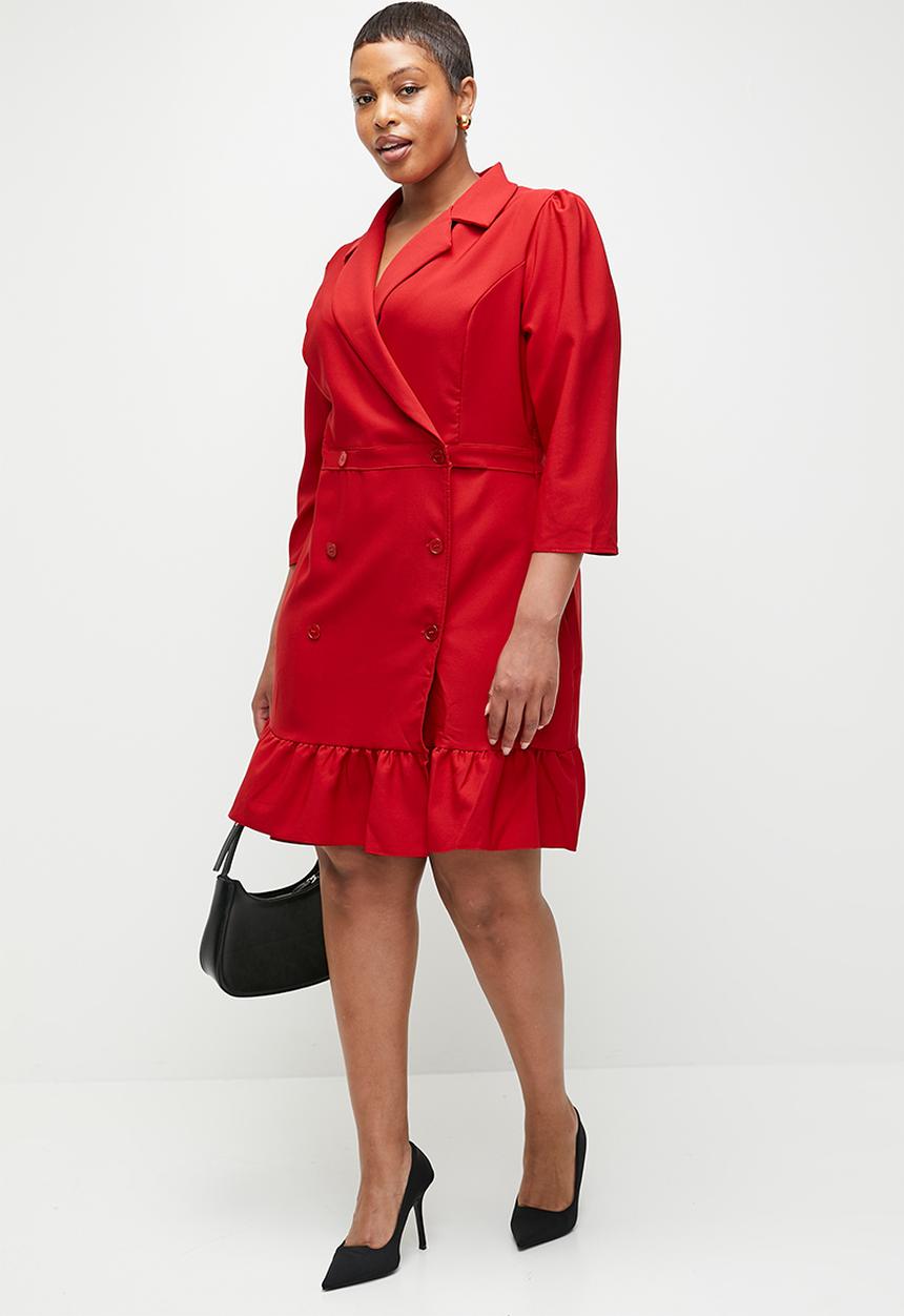 Trendyol - Plus Size Unlined Three Quarter Sleeve Mini Woven Jacket Dress - Red