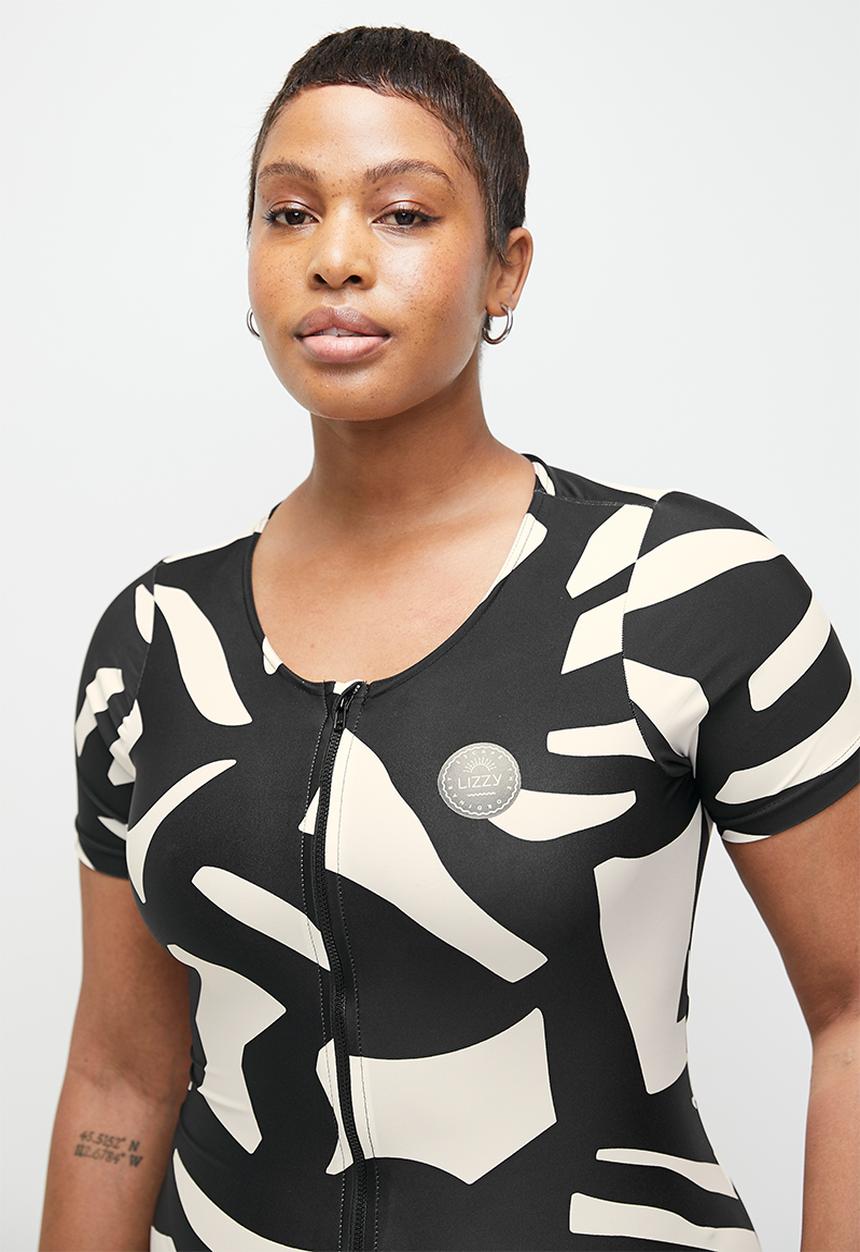 Lizzy - Plus Cersei styled full body rashie with front zip - monochrome abstract