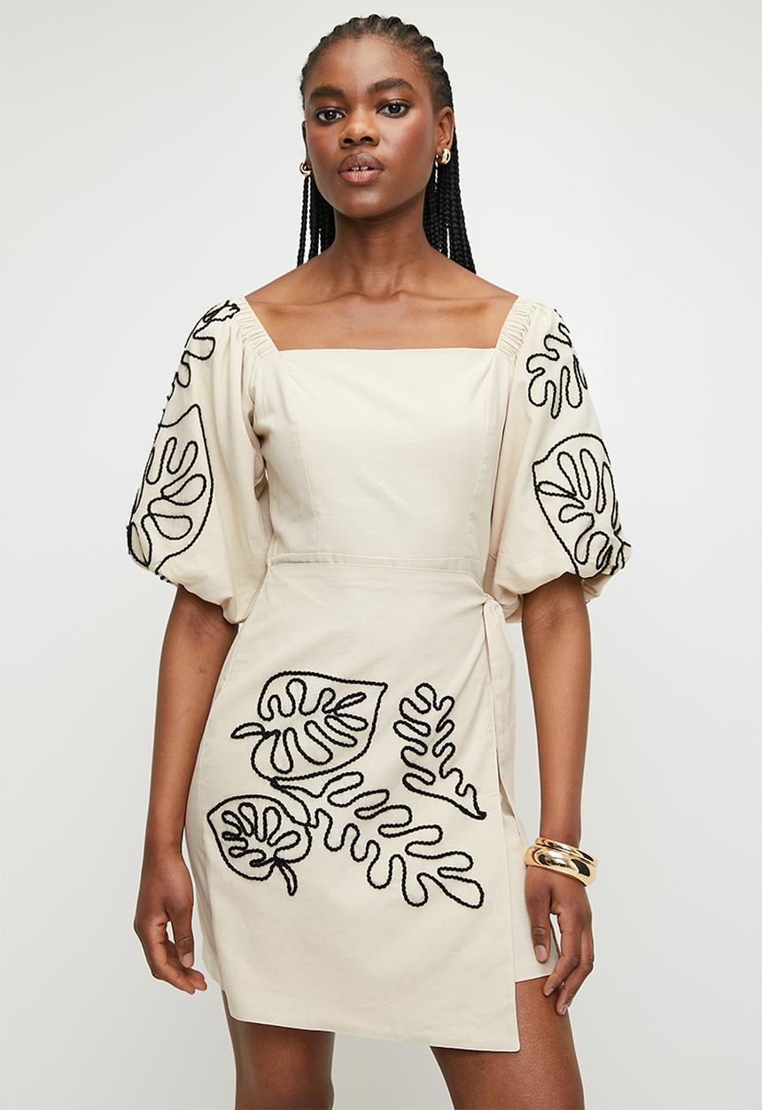 Superbalist - Embroidery puff sleeve wrap mini dress - neutral