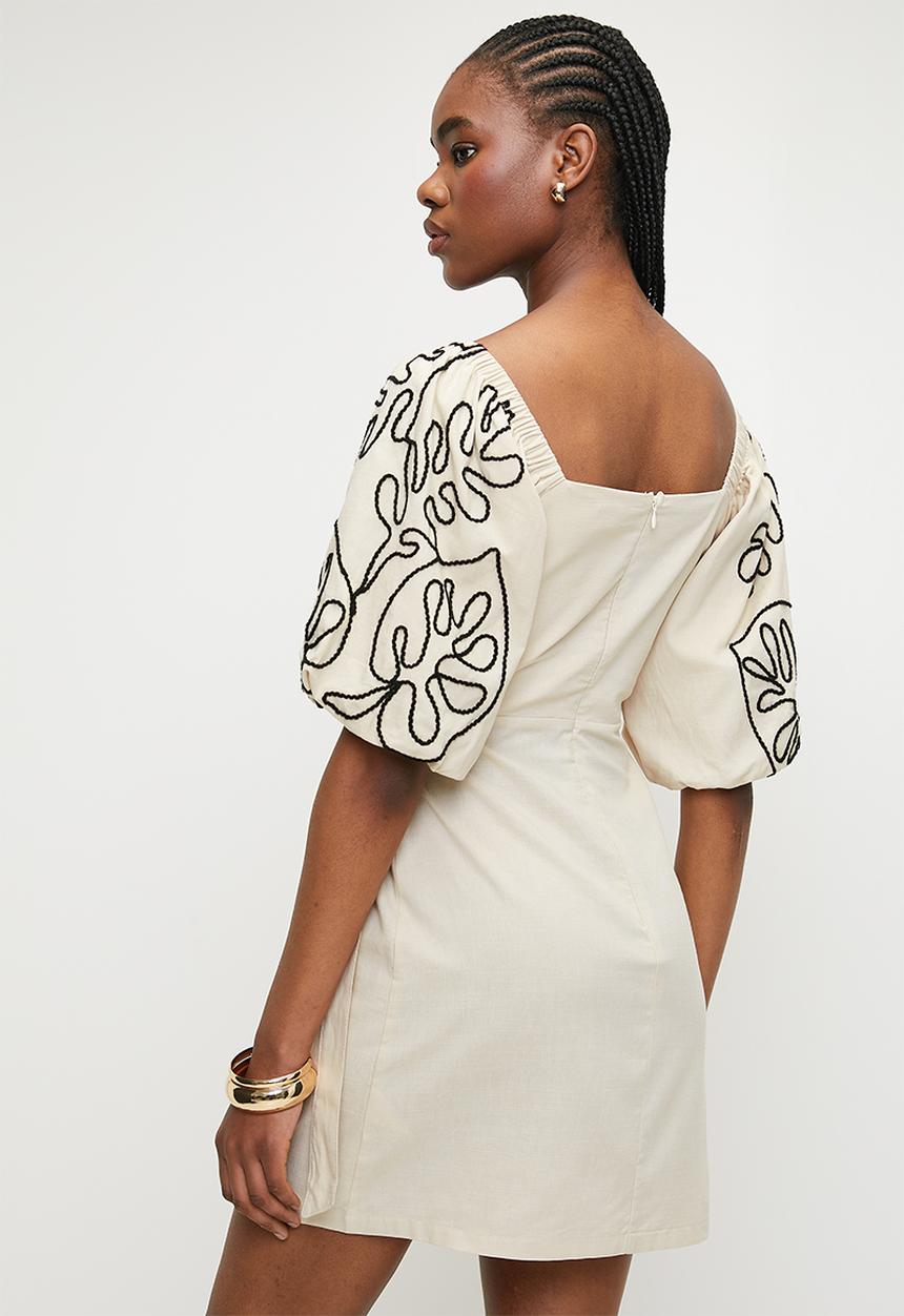 Superbalist - Embroidery puff sleeve wrap mini dress - neutral