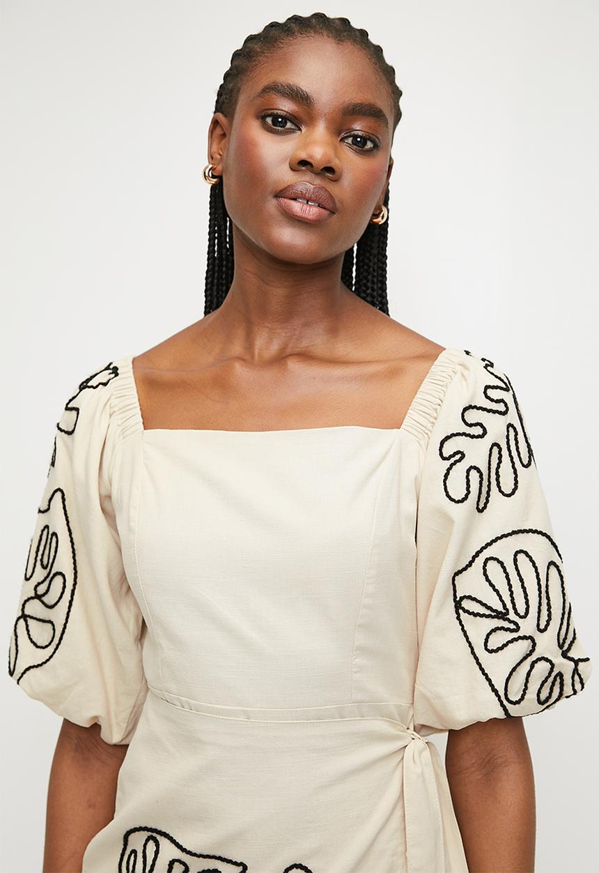 Superbalist - Embroidery puff sleeve wrap mini dress - neutral