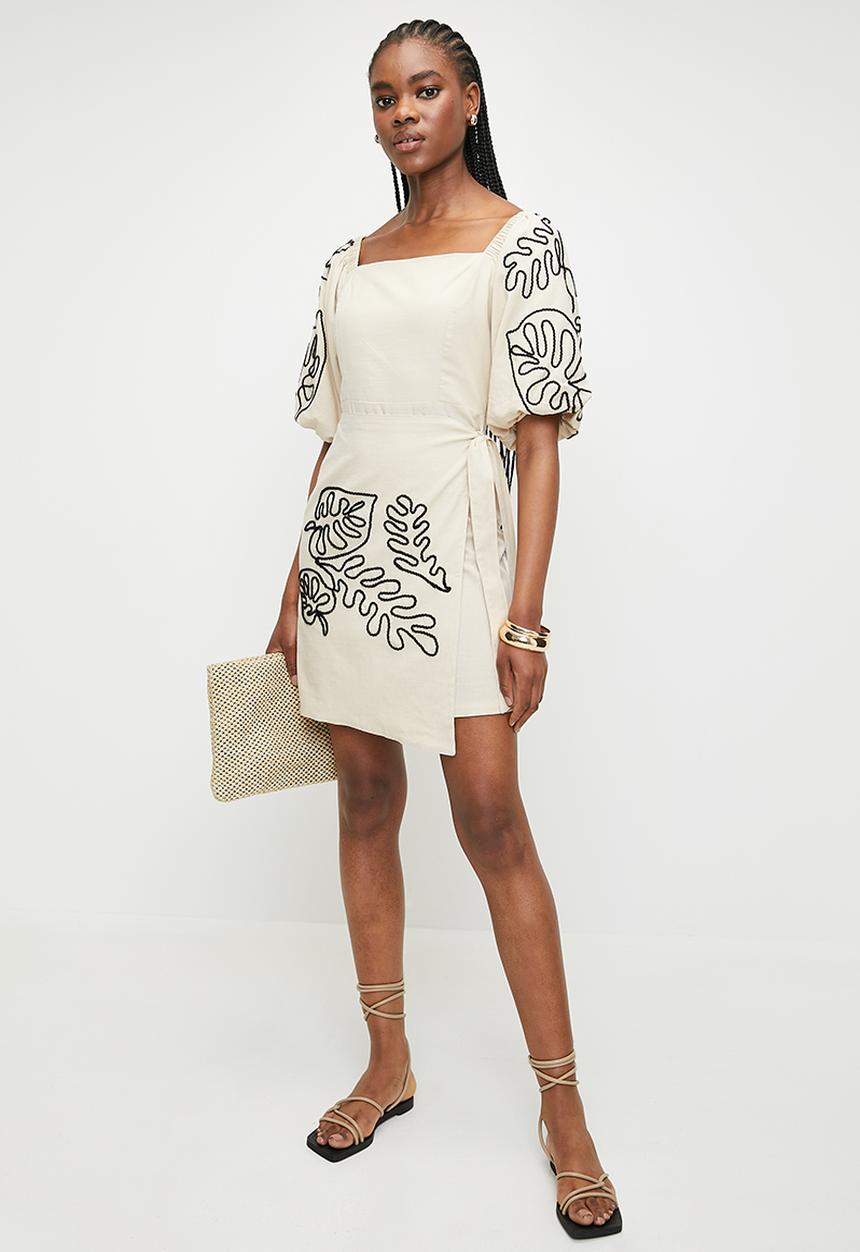 Superbalist - Embroidery puff sleeve wrap mini dress - neutral