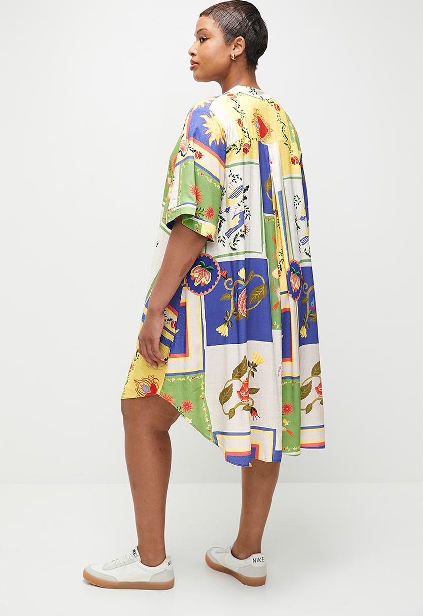 edit - Mandarin collar mini shirt dress - mystical rose patchwork aop.