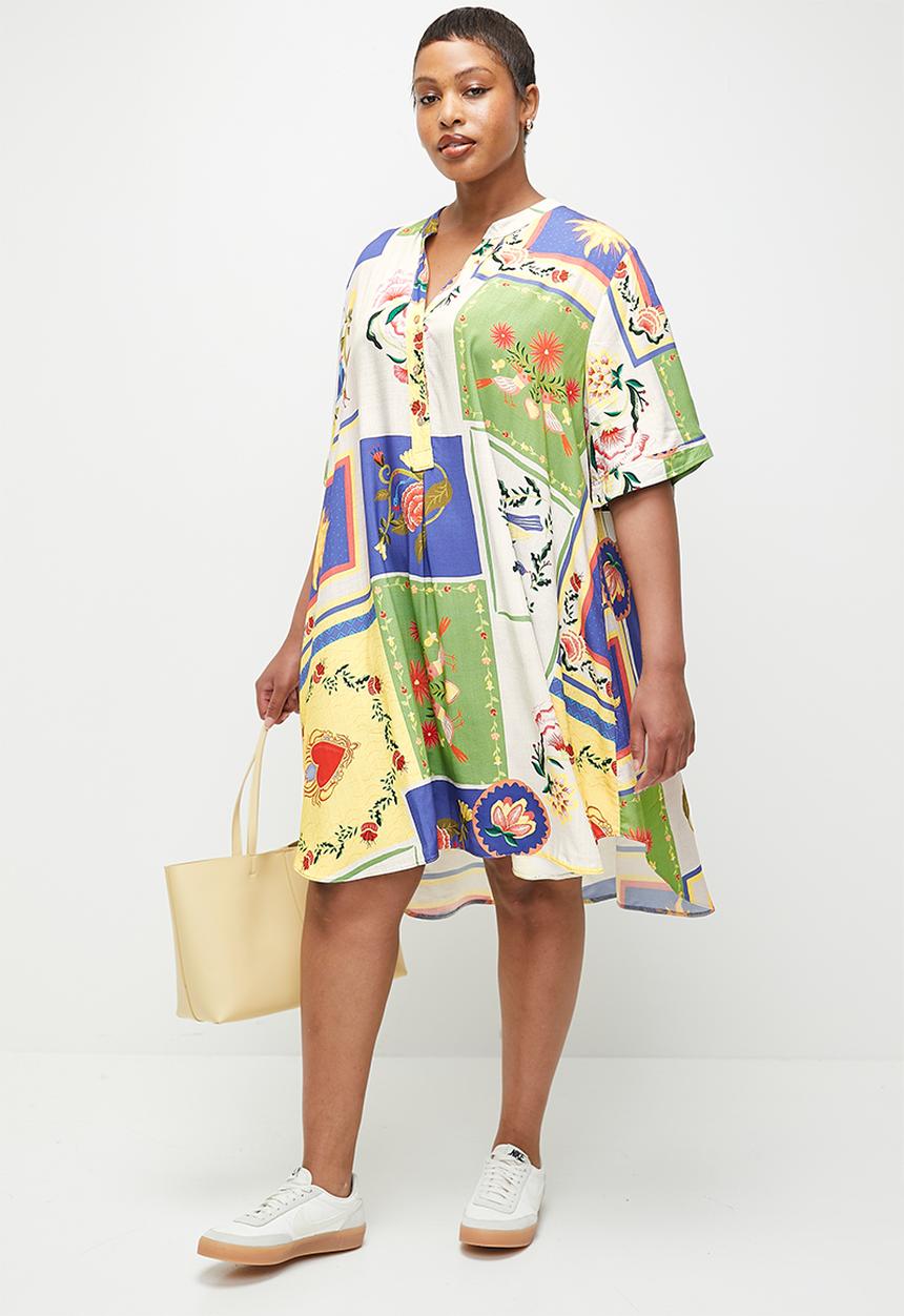 edit - Mandarin collar mini shirt dress - mystical rose patchwork aop.