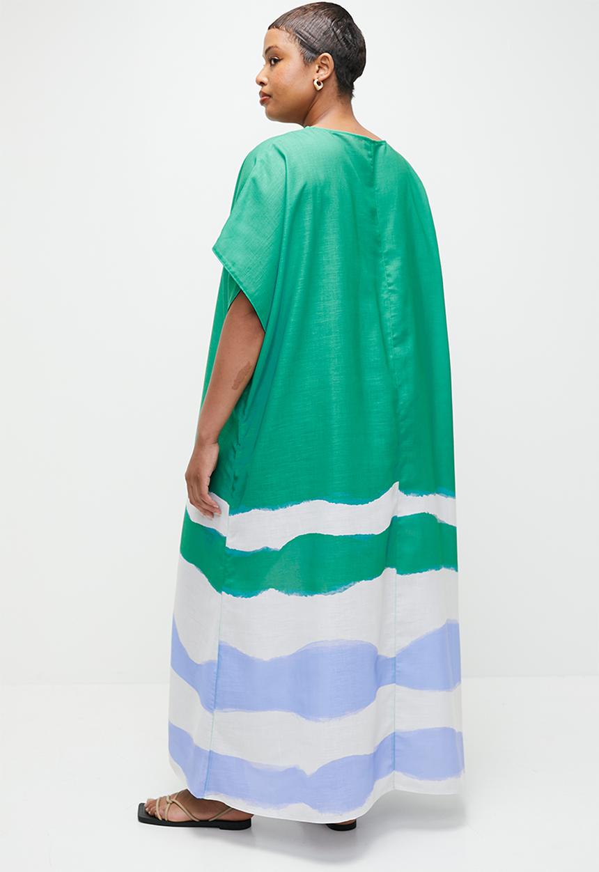 edit - Linen Blend Maxi Tunic Dress - Green Colour Blocked Waves Single Border.