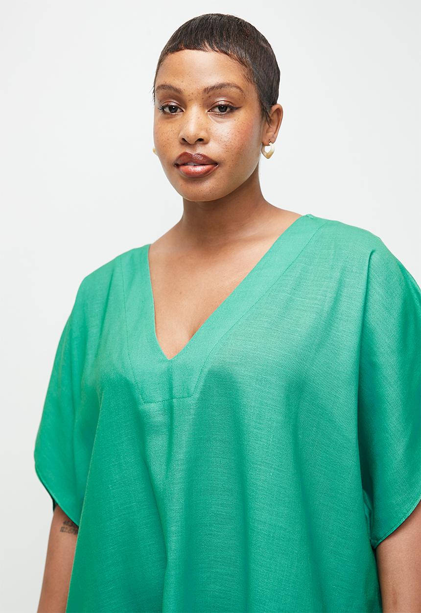 edit - Linen Blend Maxi Tunic Dress - Green Colour Blocked Waves Single Border.