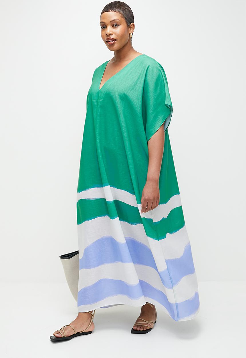 edit - Linen Blend Maxi Tunic Dress - Green Colour Blocked Waves Single Border.
