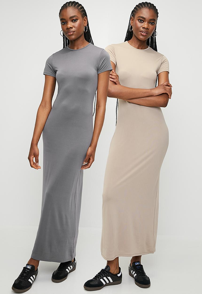 Superbalist - 2 pack T-shirt column midi dress - slate grey/ash blonde