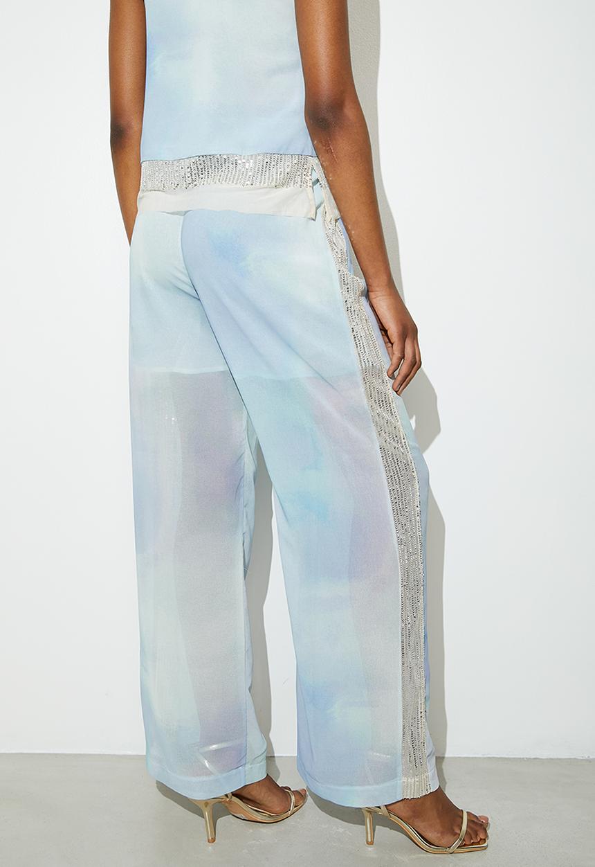 VELVET - Co-ord sequin side stripe wide leg - oceanic soft focus