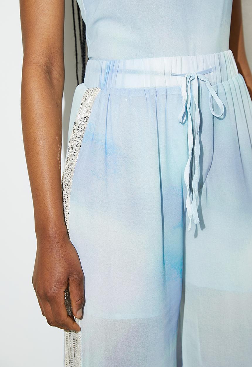 VELVET - Co-ord sequin side stripe wide leg - oceanic soft focus