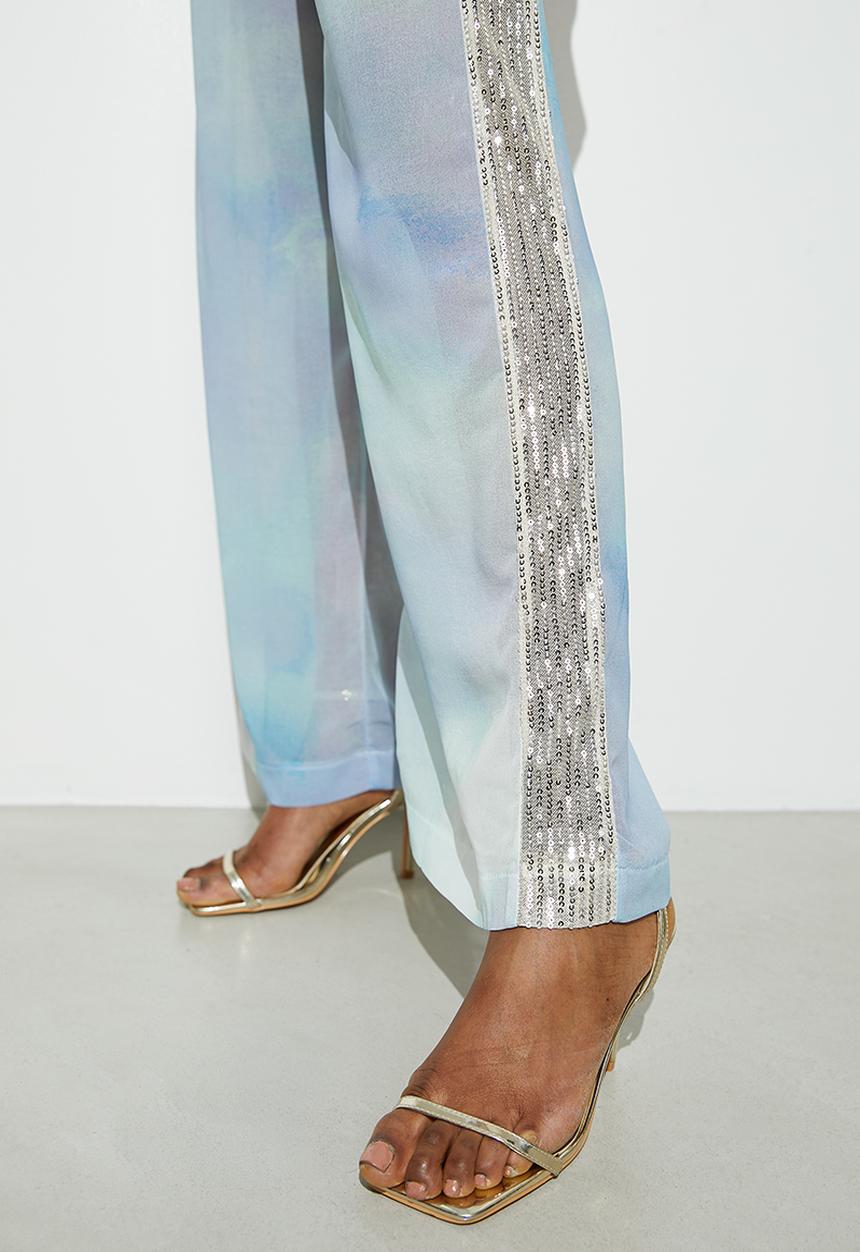 VELVET - Co-ord sequin side stripe wide leg - oceanic soft focus