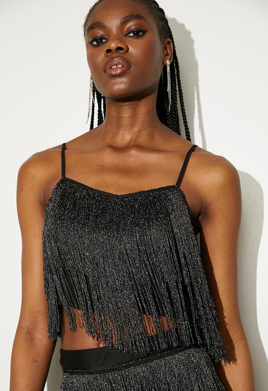 VELVET - Fringe crop shell - silver & black