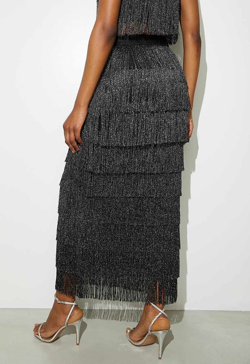 VELVET - Co-ord fringe midi - silver & black