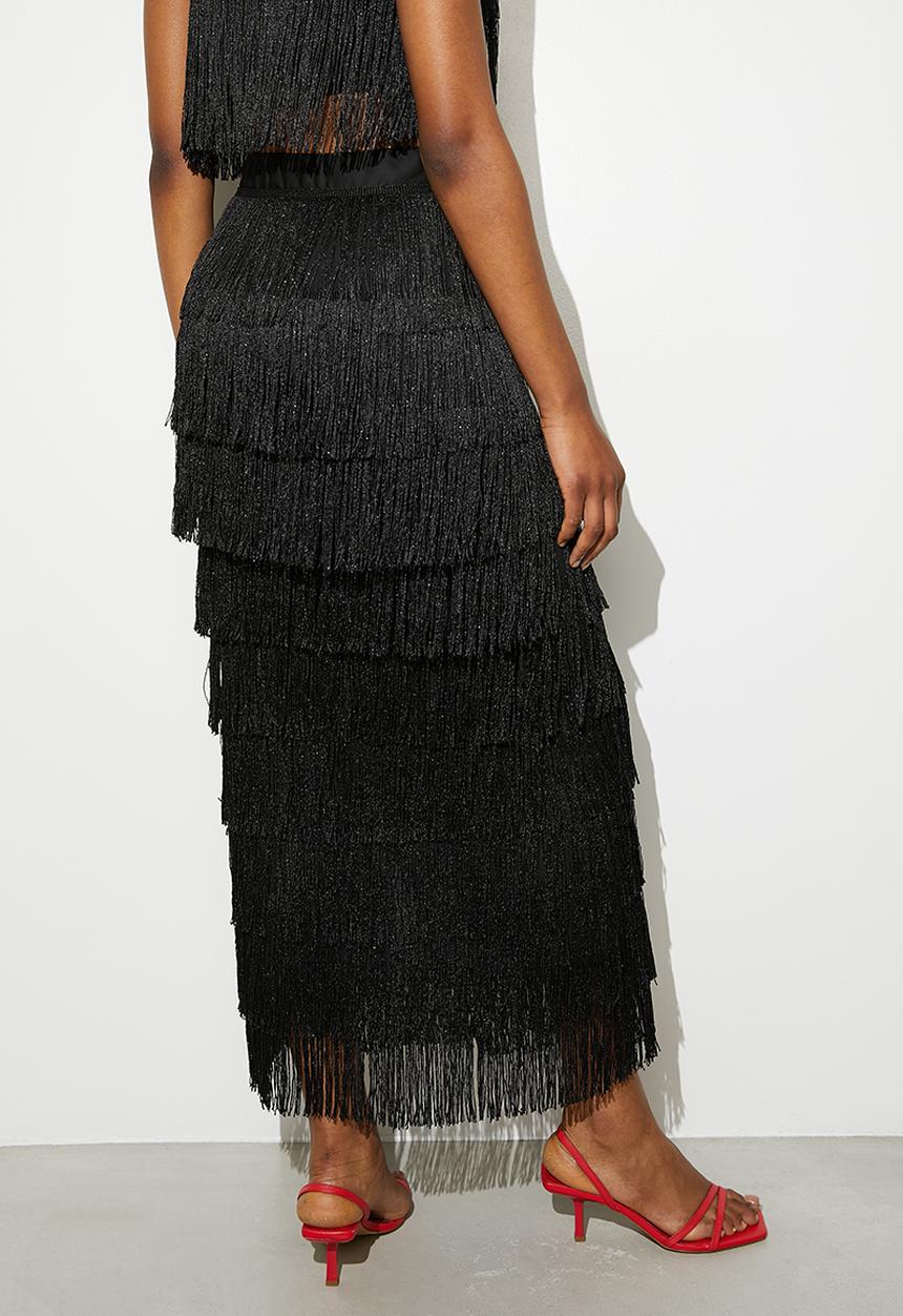 VELVET - Co-ord fringe midi - black