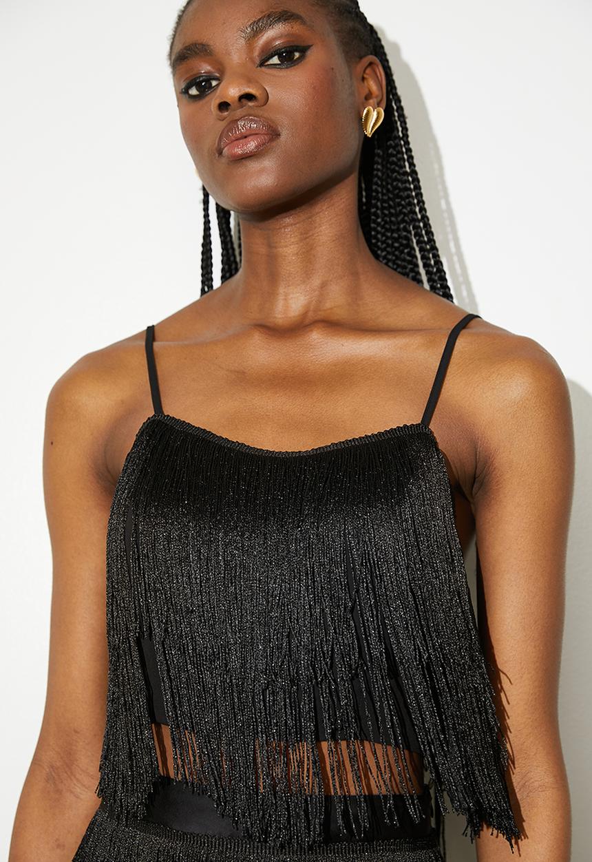 VELVET - Fringe crop shell - black