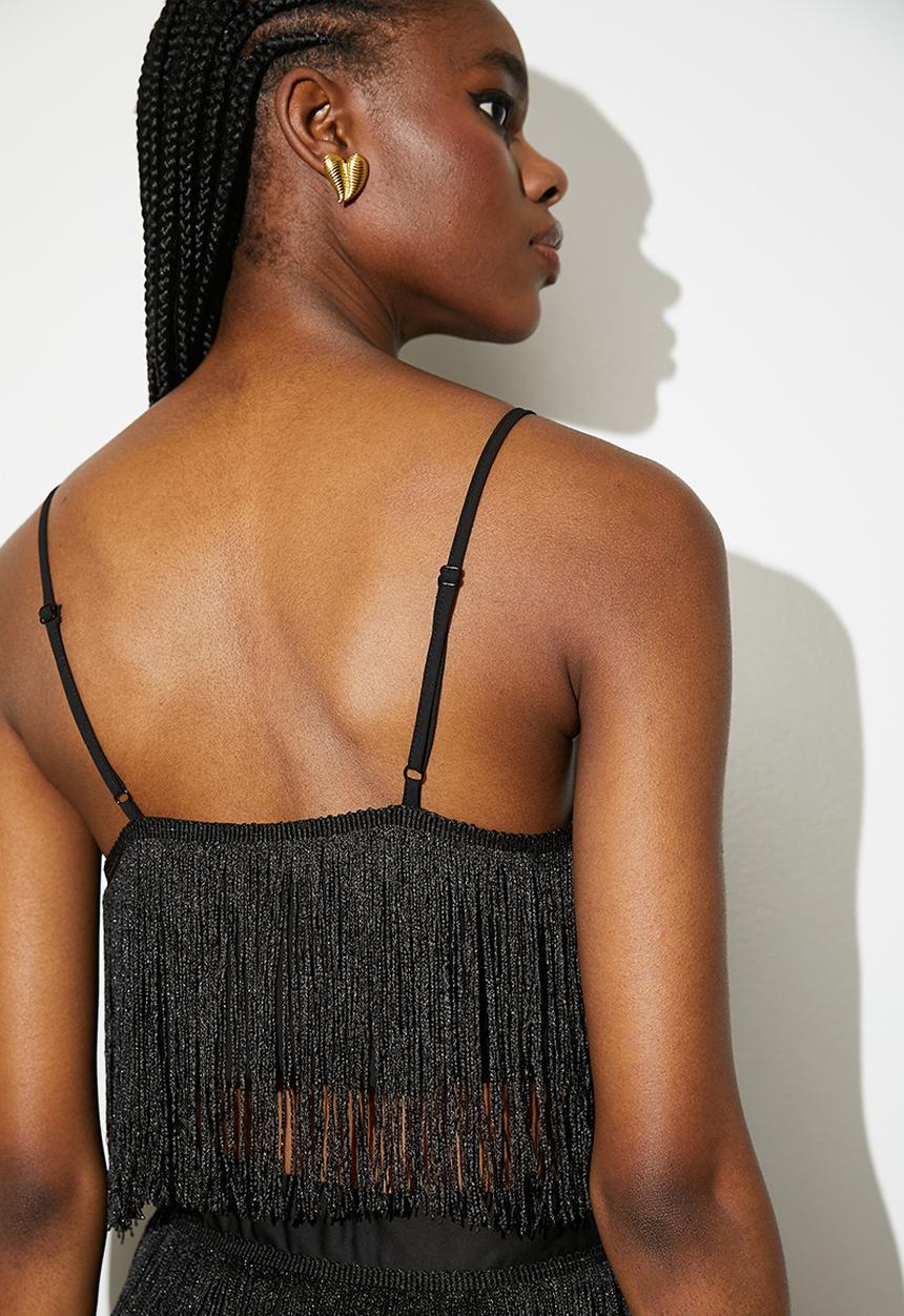 Fringe crop shell - black