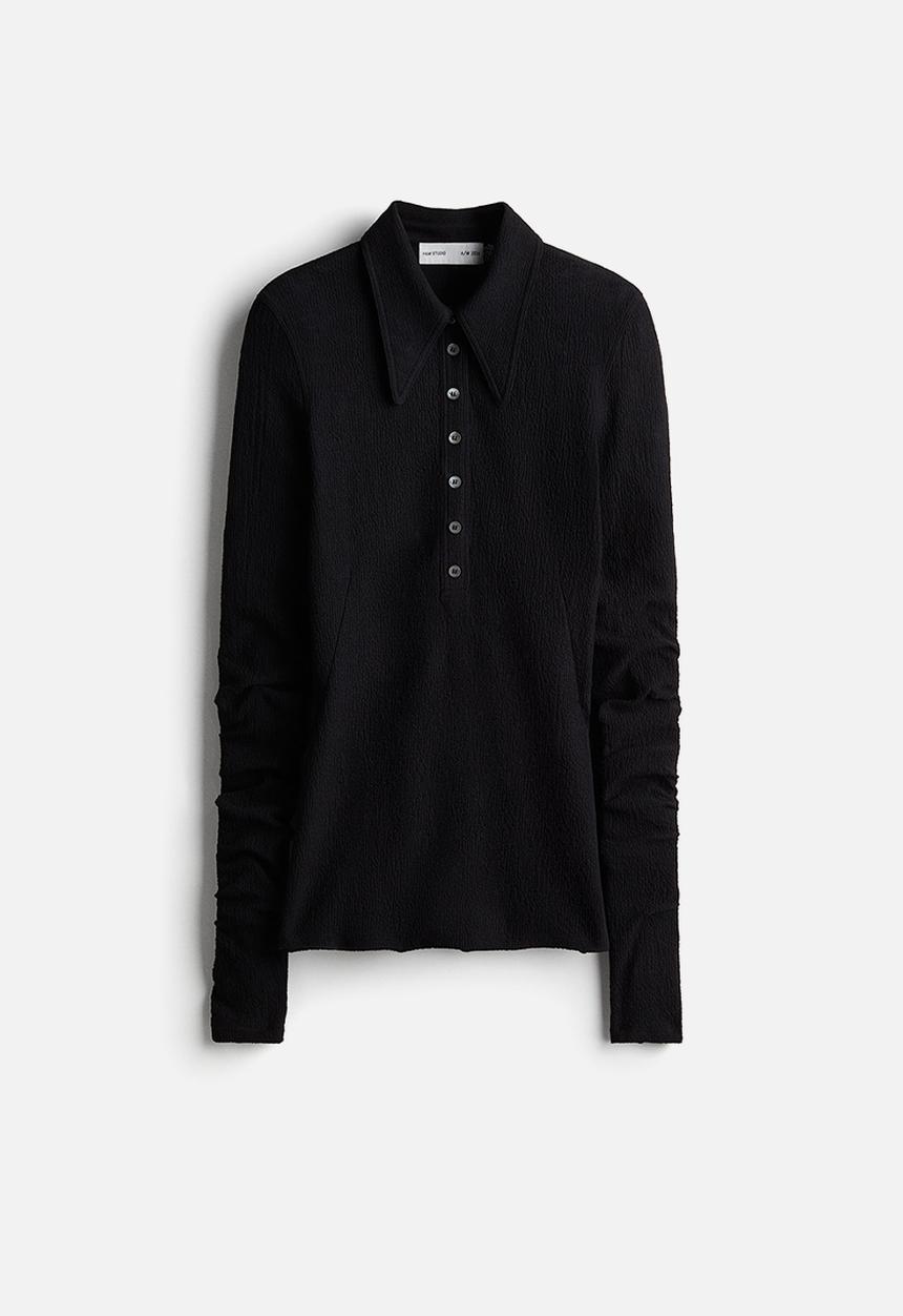 H&M - H&M Studio: Waffled button-placket top - black