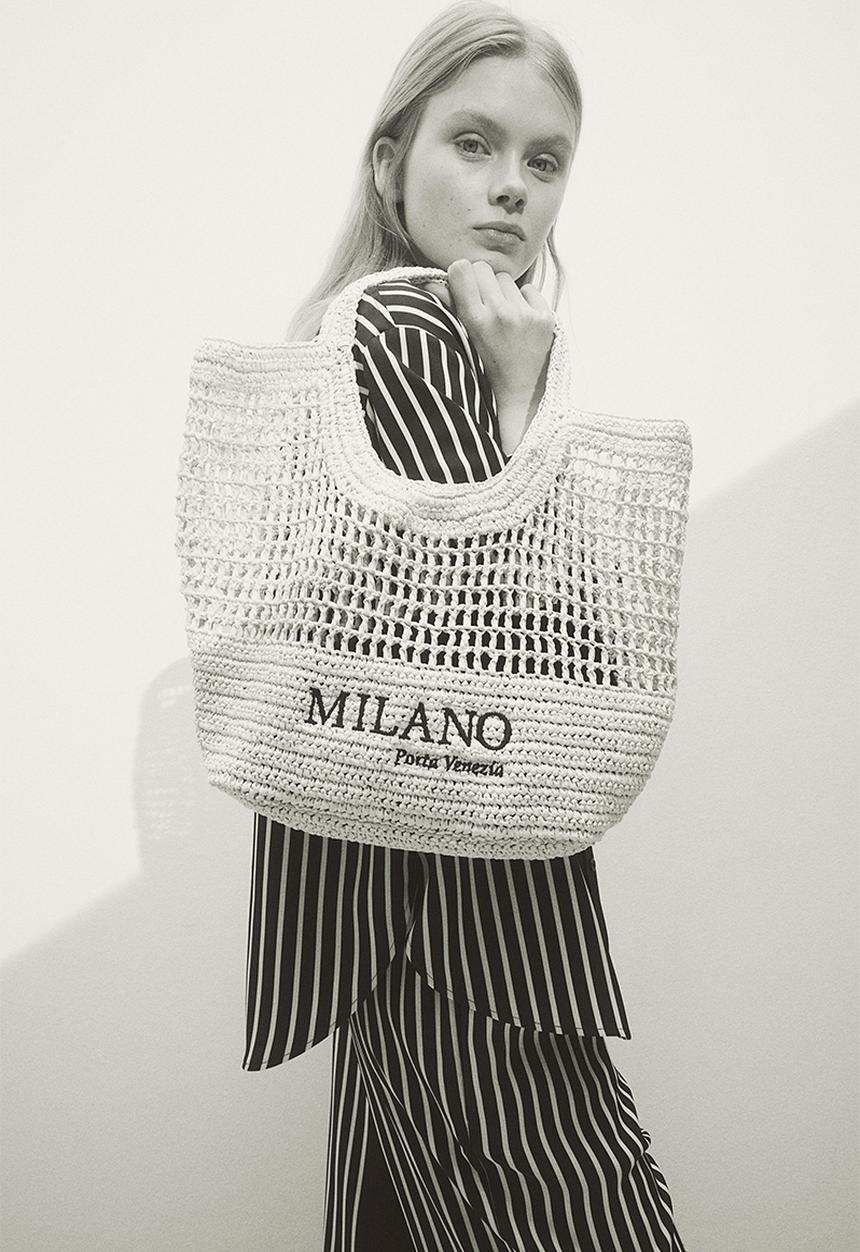 H&M - Embroidered straw shopper - beige