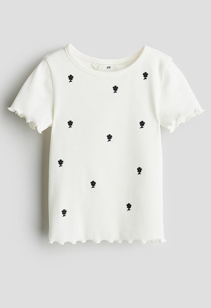 H&M - Frill-trimmed ribbed t-shirt - white multi