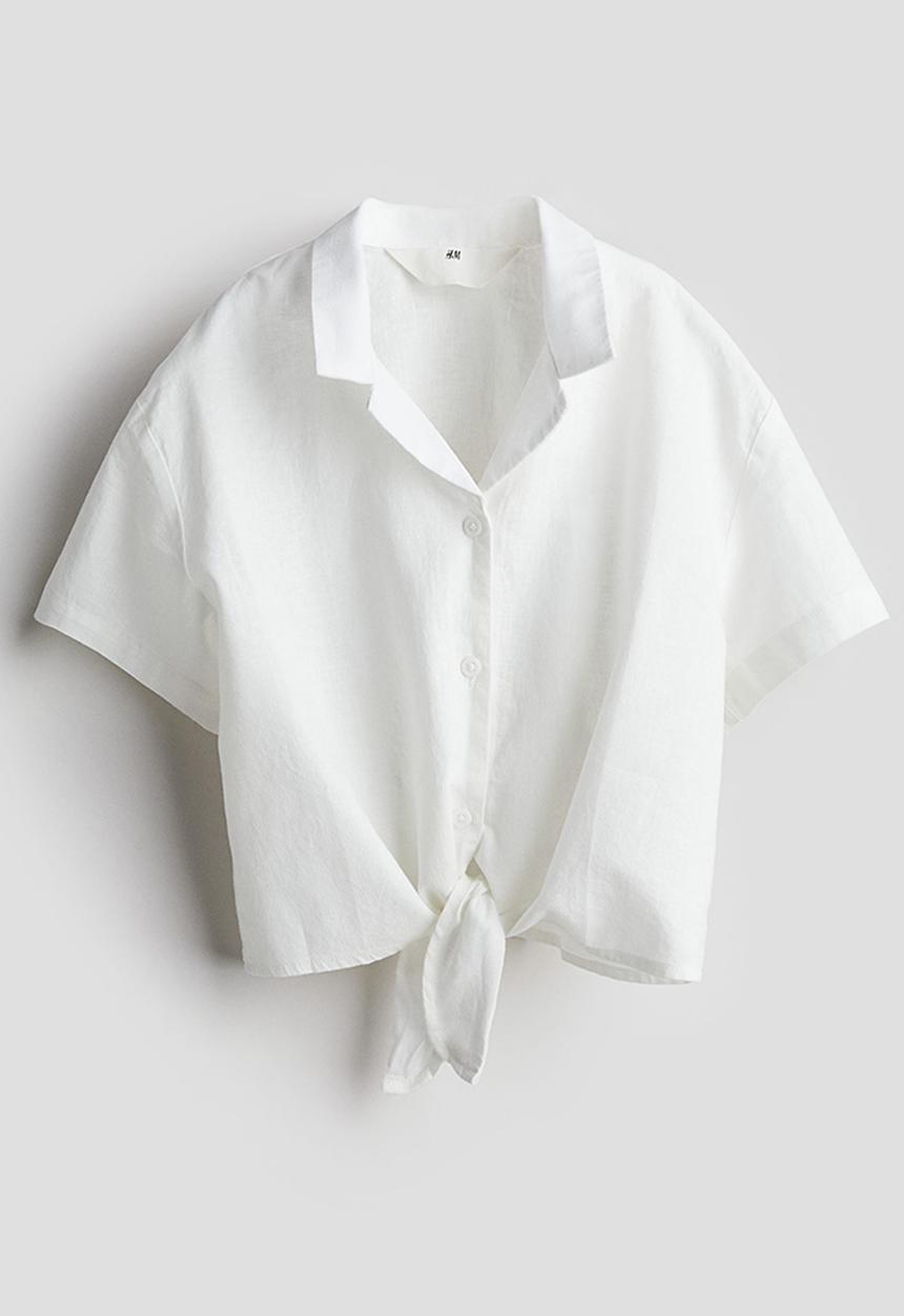 H&M - Linen-blend tie-hem shirt - white