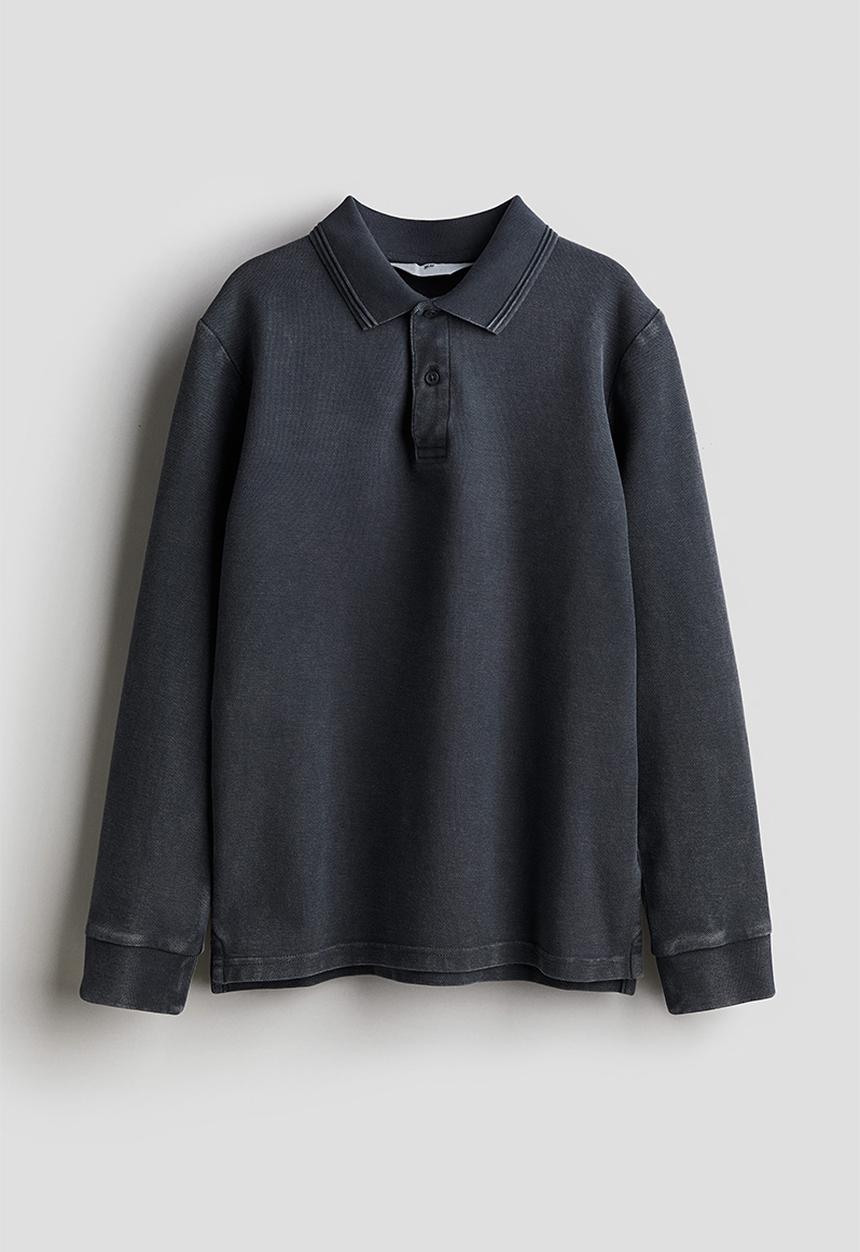 H&M - Long-sleeved cotton piqué polo shirt - washed black