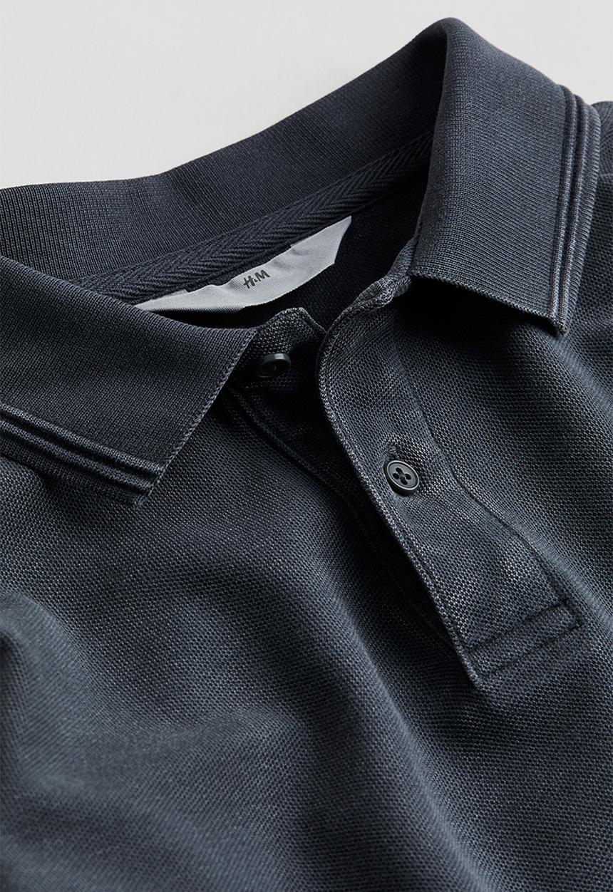 H&M - Long-sleeved cotton piqué polo shirt - washed black