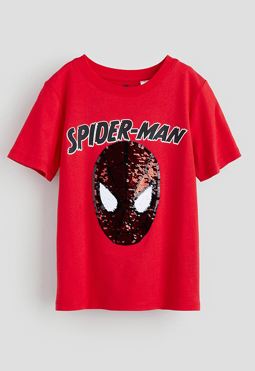H&M - Reversible sequin T-shirt - bright red spider-man