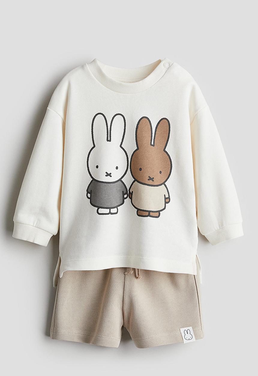 H&M - 2-piece motif-detail sweatshirt set - beige,white,multi